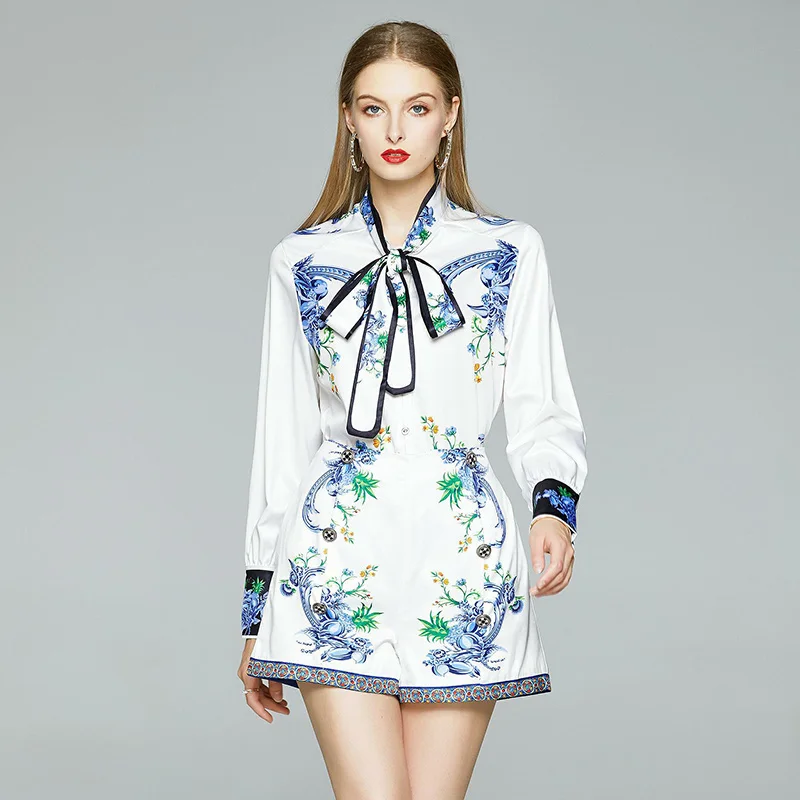 

Banulin Summer Fashion Designer Short Suits Women's Long Puff Sleeve Bow Tie Blouses Top And Floral Print Shorts 2 Pieces Sets