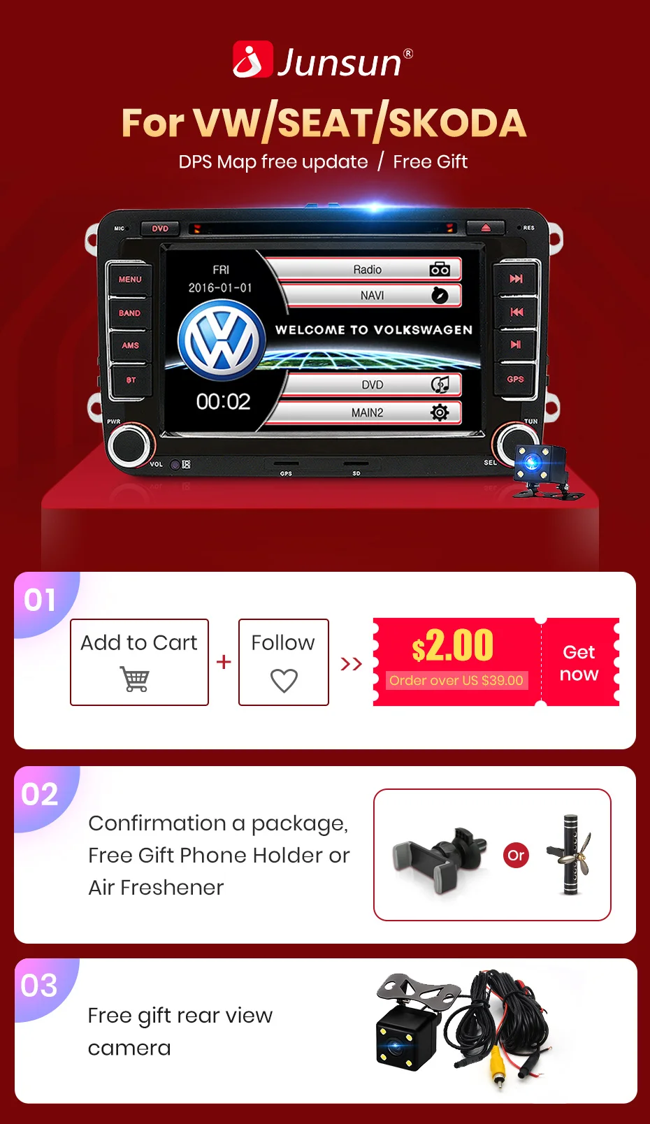 Junsun 2 din " автомобильный DVD Радио мультимедийный плеер авторадио для VW Golf 5 Passat b6 SEAT leon Tiguan Polo Skoda Octavia