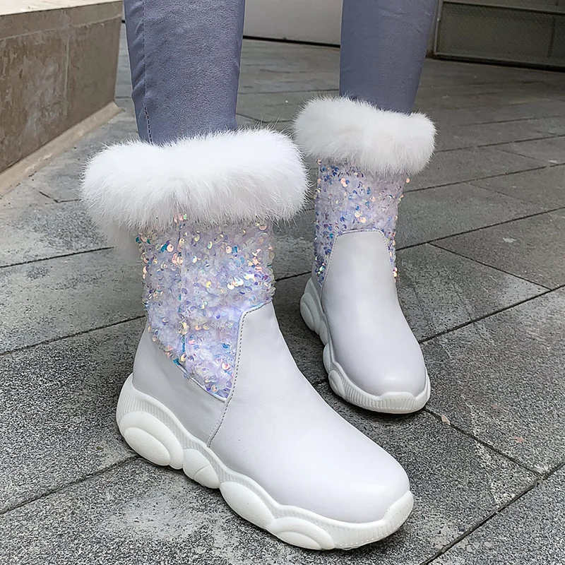Lucyever/Зимние теплые плюшевые ботинки на меху женская обувь с блестящими блестками