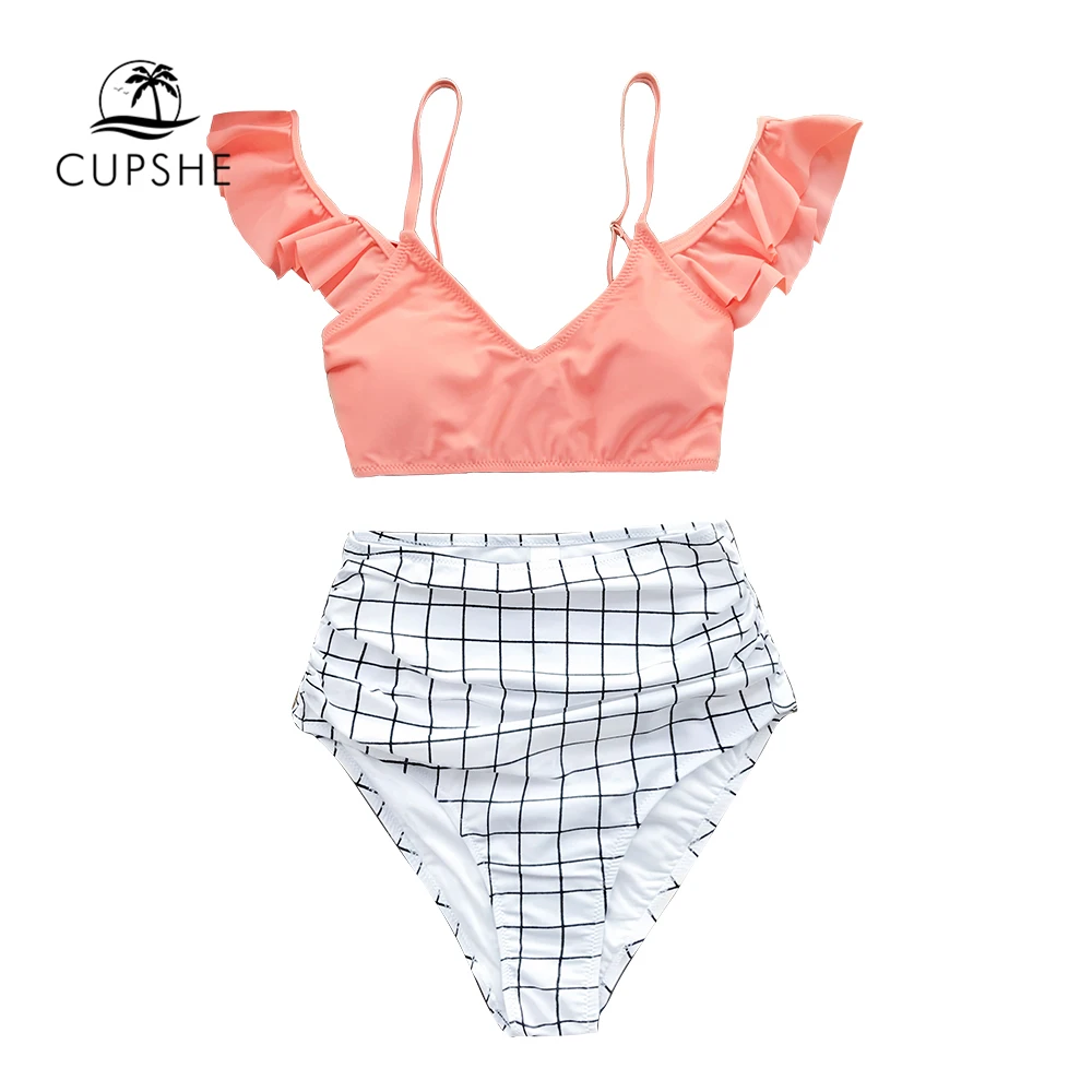 CUPSHE/розовые и клетчатые комплекты бикини с высокой талией женские сексуальные