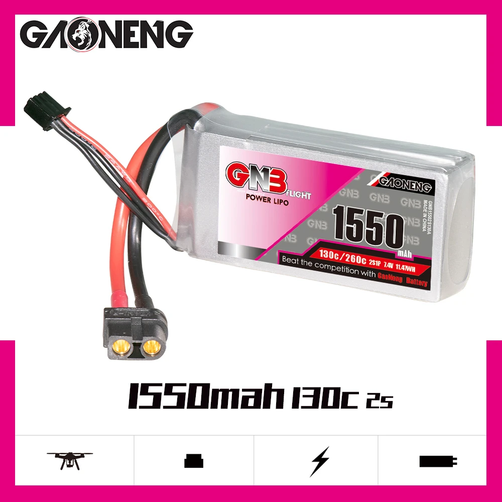 

Литий-полимерный аккумулятор GAONENG GNB 1550 мАч 7,4 В 130C/260C 2S с разъемом XT60 для радиоуправляемого автомобиля вертолета квадрокоптера FPV гоночного ...
