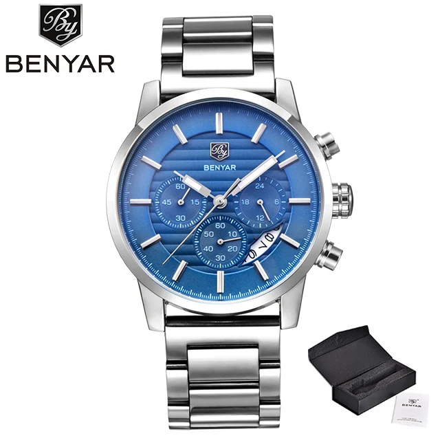 silver blue Бренд класса люкс Benyar мужские часы полностью стальные спортивные наручные часы мужские армейские военные часы Мужские кварцевые часы Relogio Masculino - Цвет: silver blue