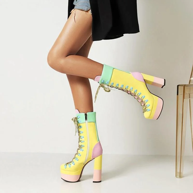 FXYCMMCQ Winter Women's 13cm Super High Heel Catwalk Style Nightclub Color Matching Sexy Lace-up Boots 1016