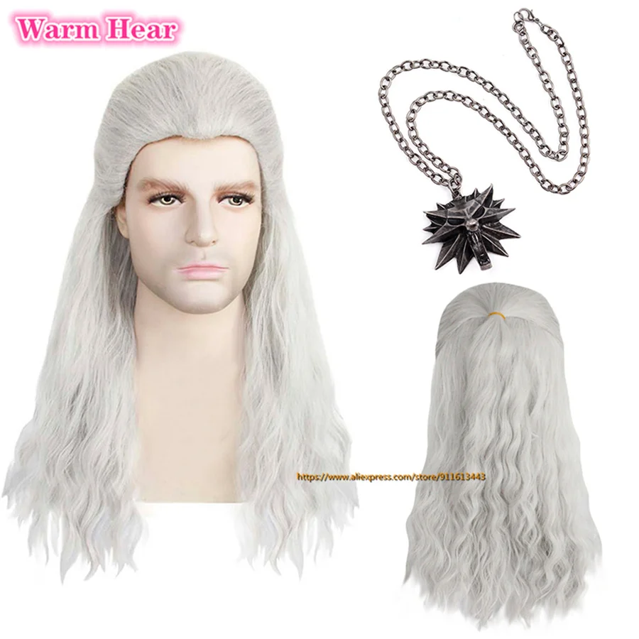 Geralt Wig Silver White Slice Back Styled Synthetic Hair Heat Resistant Hair Wig + a wig cap