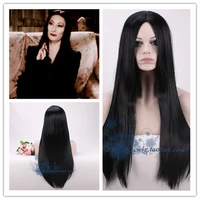 movie the addams family cosplay morticia addams wigs black long straight synthetic hair pelucas halloween costume adult