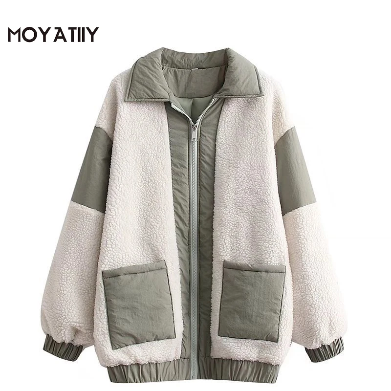 

MOYATIIY Women 2021 Fashion Lambswool Patchwork Parkas Vintage Cotton Warm Thick Jacket Coats Large Pocket Female Tops with Zip