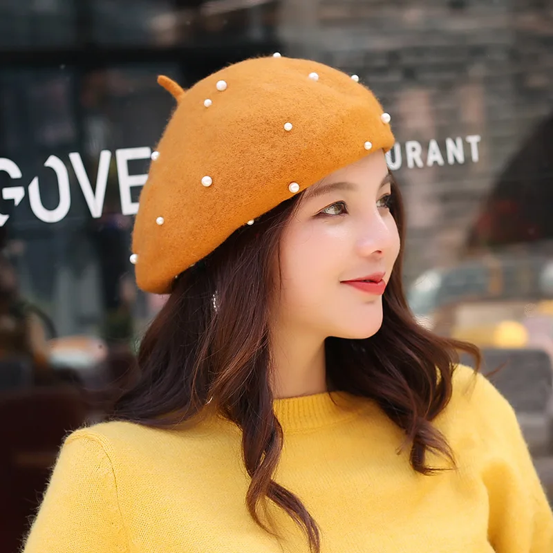 USPOP Berets women's hats wool beret female pearl decorated berets Warm winter hat caps | Аксессуары для одежды
