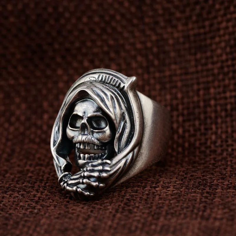 Мужское кольцо в стиле панк-рок череп серебряного цвета регулируемого размера