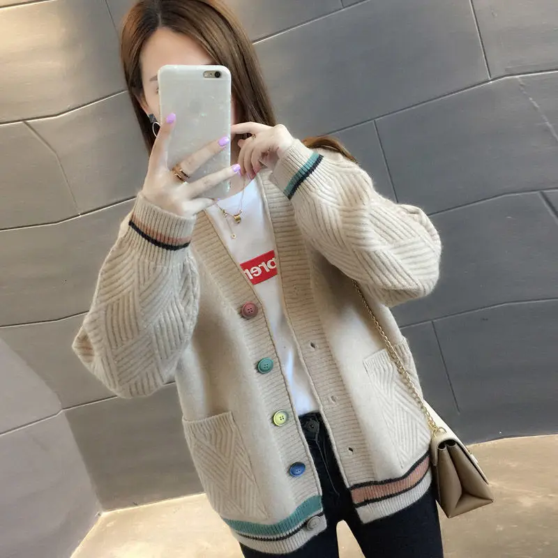 Knitted Cardigan Толстый кардиган женский весна осень длинный рукав вязанный v-образный вырез трикотажные женские шерстяные кофты Женский вязаный жакет Топы - Цвет: Knitted Cardigan