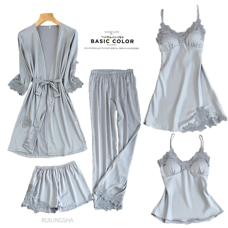 Женская атласная пижама 5 шт. шелковая Домашняя одежда с вышивкой Пижама для