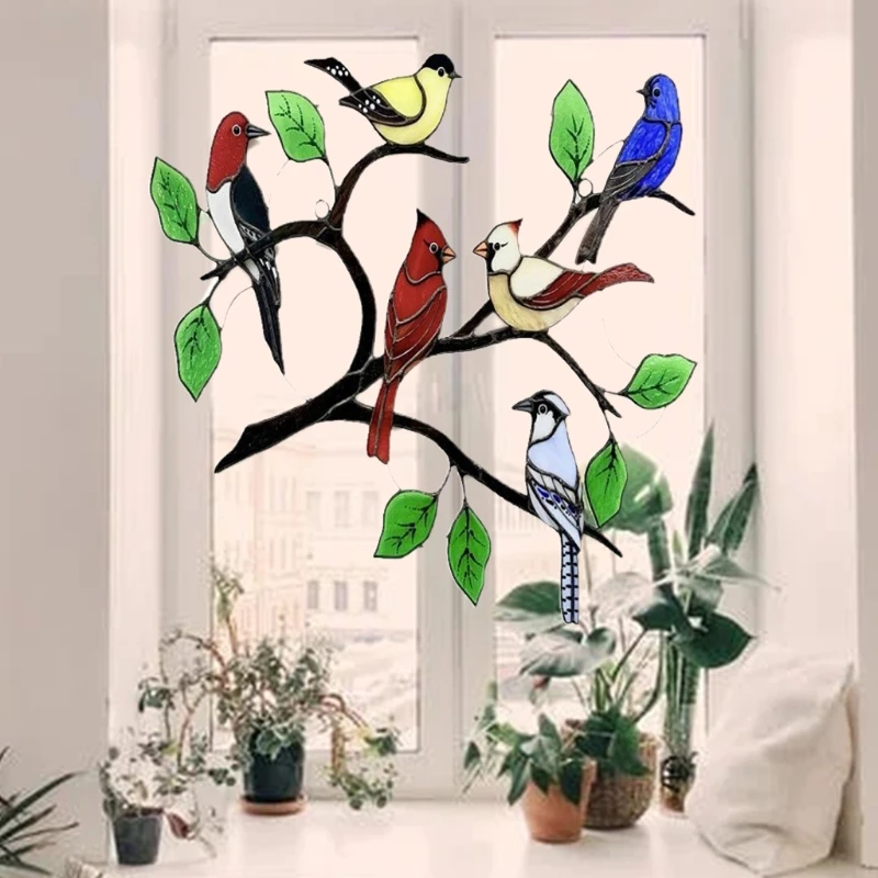 

6 Stained Glass Birds Hanging Ornament Pendant Glass Suncatcher Window Hangings for Bird Lover Outdoors Yard Home Decor