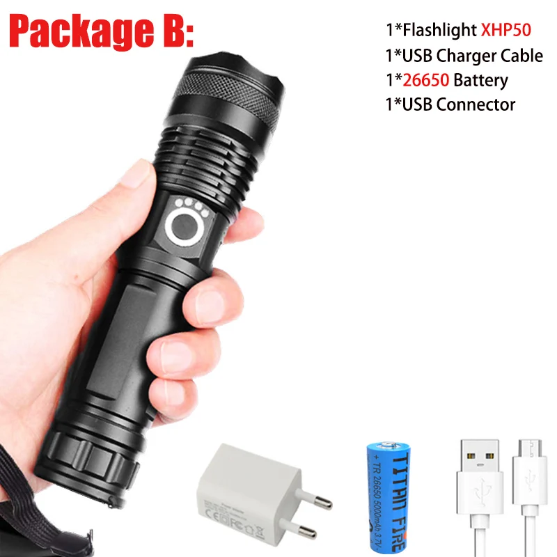 XHP50-B T20 супер яркий XHP90/XHP70 светодиодный светильник-вспышка с высокими люменами, масштабируемый перезаряжаемый индикатор мощности, мощный фонарь 26650, ручной светильник - Испускаемый цвет: XHP50-B