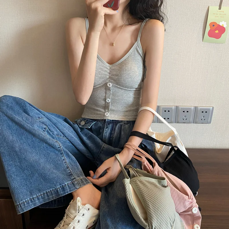 

Korean-Style Slim Fit Modal Beauty Back Camisole Base Women's V-Neck No Steel Ring with Chest Pad Vest Short Tops Summer