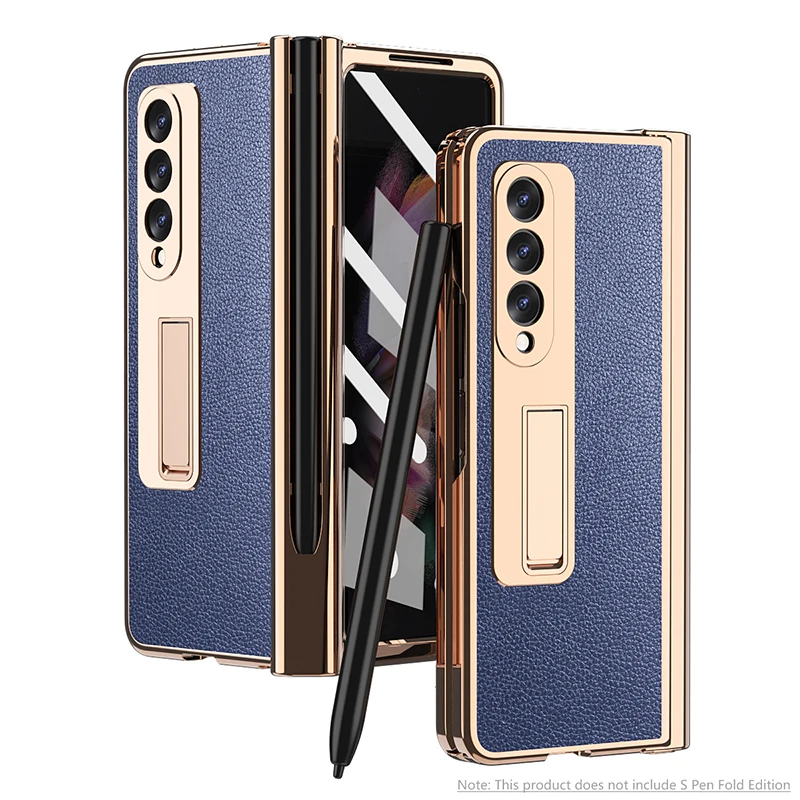 

Bracket Leather Pen Slot Case Cover for Samsung Galaxy Z Fold 3 Case Integrated Shell Membrane Cover With Kickstand (NO S Pen)