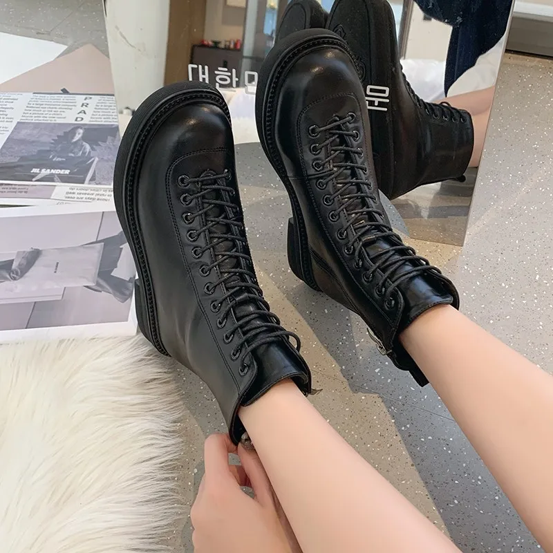 Women's Boots Women's Motorcycle Boots Shoes Lace-up Leather Non-slip Fashion Thick-soled Women's 2021 New Fall