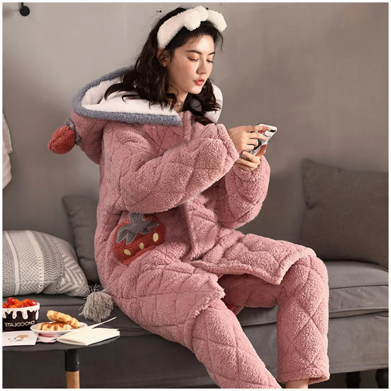 New Thicken Winter Pyjamas Women Three Layers of Cotton Coral Fleece Pajamas Loungewear Loose Pigiama Donna Clothes Women DI50SY