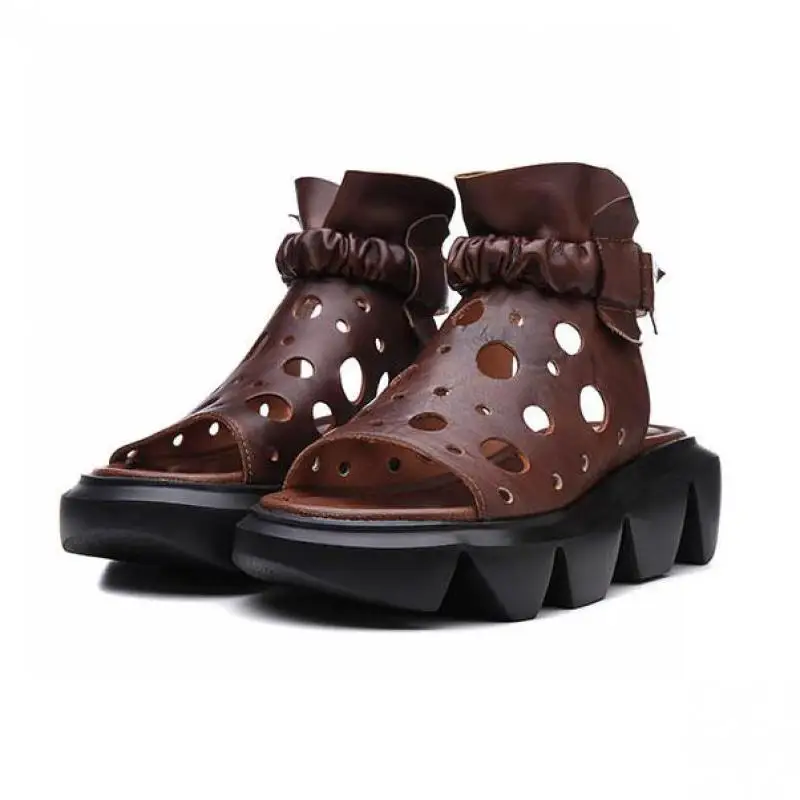 

YourSeason Platform Female Shoes 2020 Summer Elastic Band Casual Retro Hollow Handmade Ladies Increased Sandals Genuine Leather