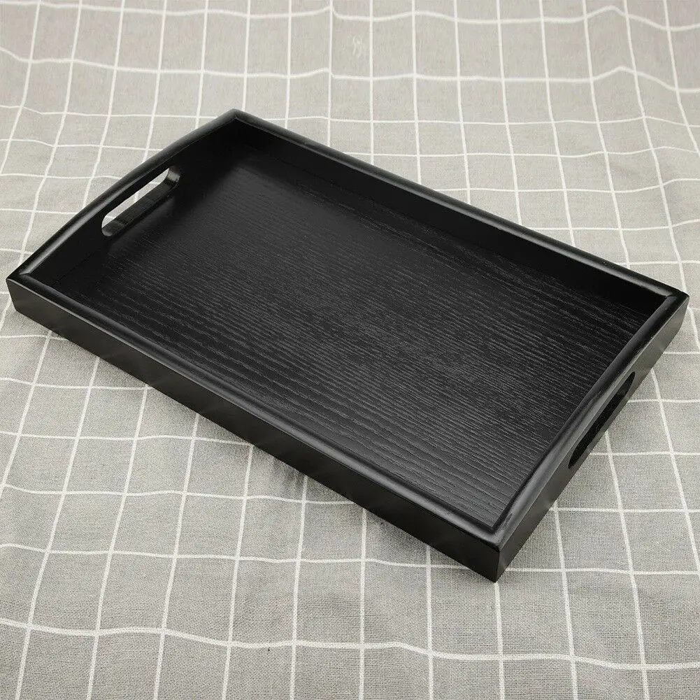 

Serving Tray Large Black Wood Rectangle Food Tray Butler Breakfast Trays with Handles Easy to Grip E7