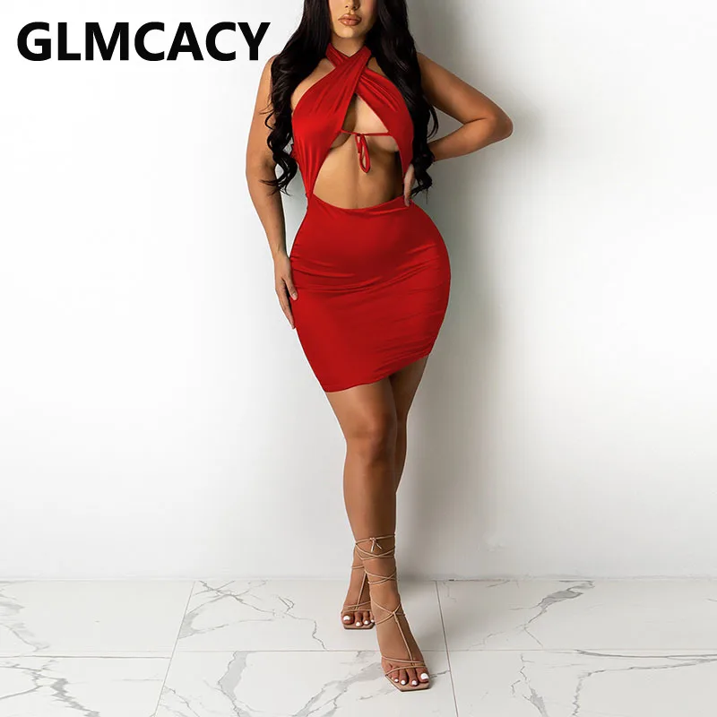

Solid Halter Backless Bodycon Dress Cut Out Sexy Mini Dresses