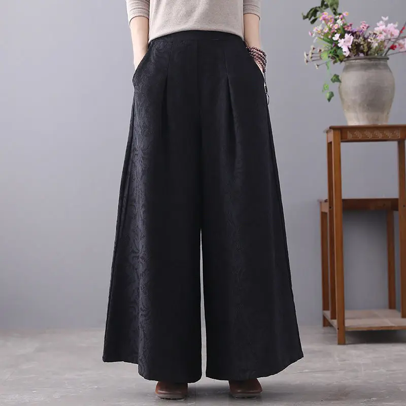 Брюки женские с широкими штанинами жаккардовые льняные штаны завышенной талией