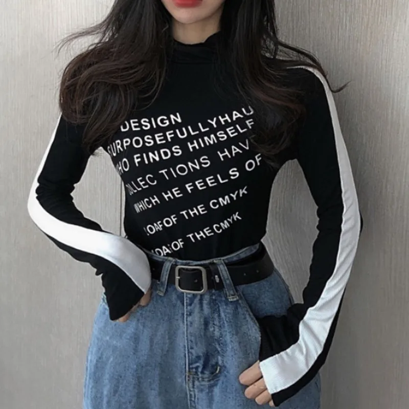 

Женская тонкая водолазка Kywommnz, весенне-осенняя короткая футболка с длинным рукавом и принтом букв, контрастные цвета, E3833, 2021