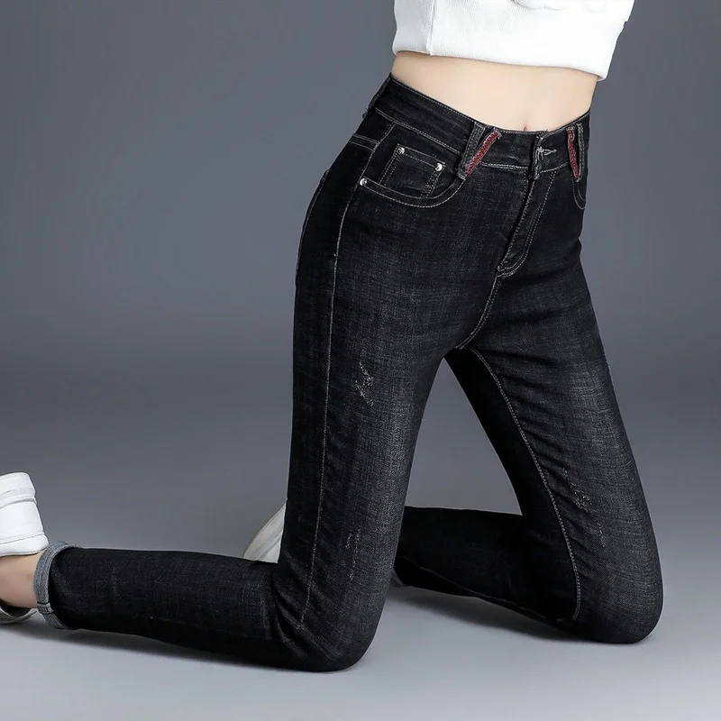 

Женские зимние теплые джинсы-карандаш 2021 с высокой талией, повседневные Бархатные женские брюки, женские брюки, джинсовые брюки для женщин ...