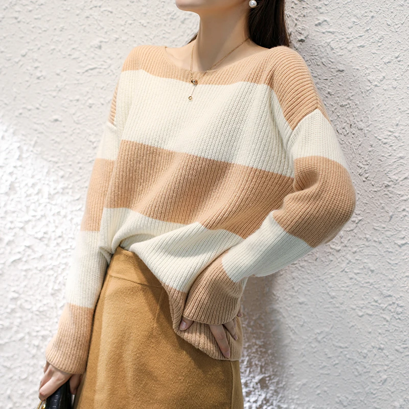 

Autumn and Winter New Style 100% Pure Wool Cashmere Sweater Women's O-Neck Collar Color-block Pullover Slim Warm Sweate