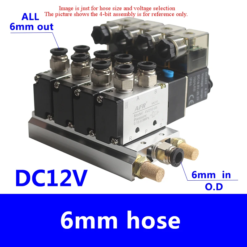 4V210-08 DC24V 12V 2 Позиции 5 способ Четырехместный электромагнитный клапан алюминиевый базовый фитинг глушители набор 3 4 5 6 станций AC220V AC110V - Цвет: DC12V 6 IN 6 OUT