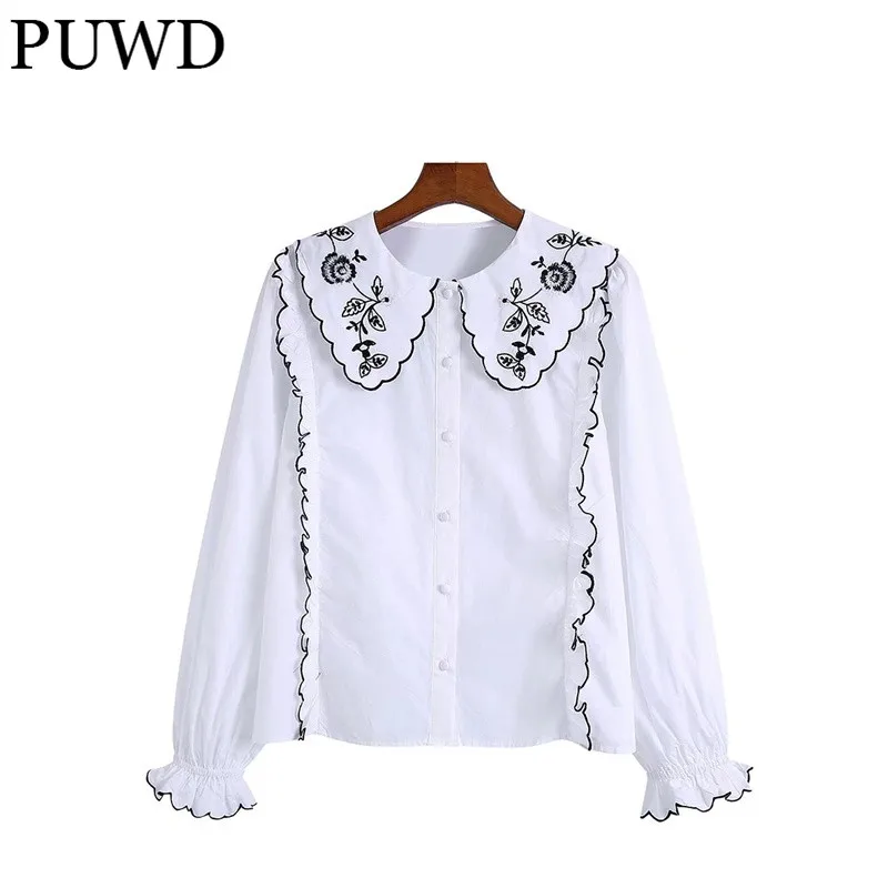 

PUWD Elegant Women Embroidery Poplin Long Sleeve Shirts 2021 Autumn Fashion Ladies Perter Pan Collar Shirt Female Chic Tops