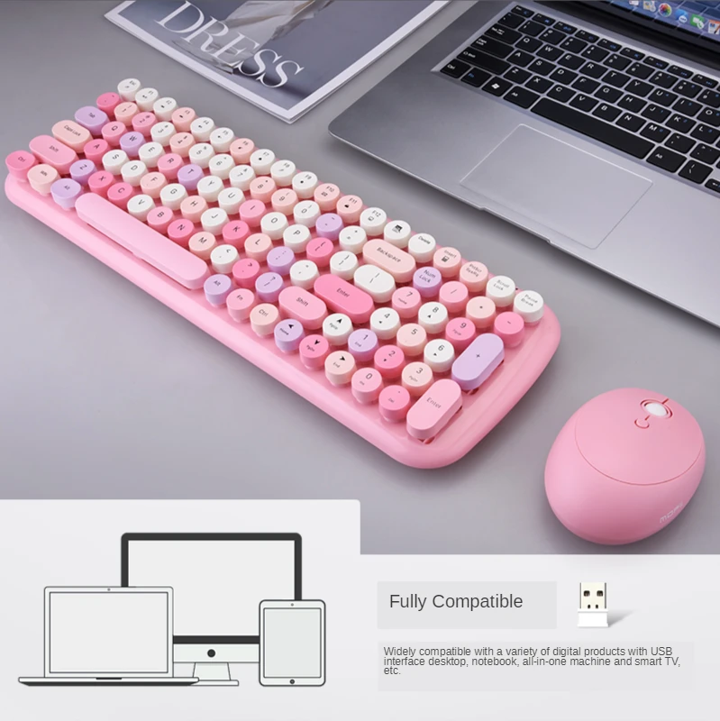 green wireless keyboard and mouse combo round mix keycaps office pc keyboards and mouse set for girl computer laptop game free global shipping