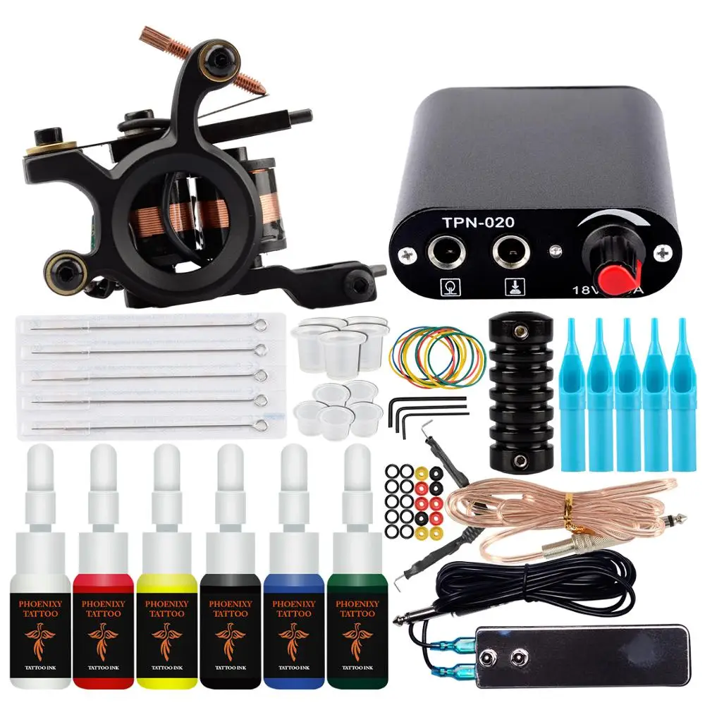 Полный набор для татуировок 1 Катушка пистолеты 6 цветов наборы черных пигментов
