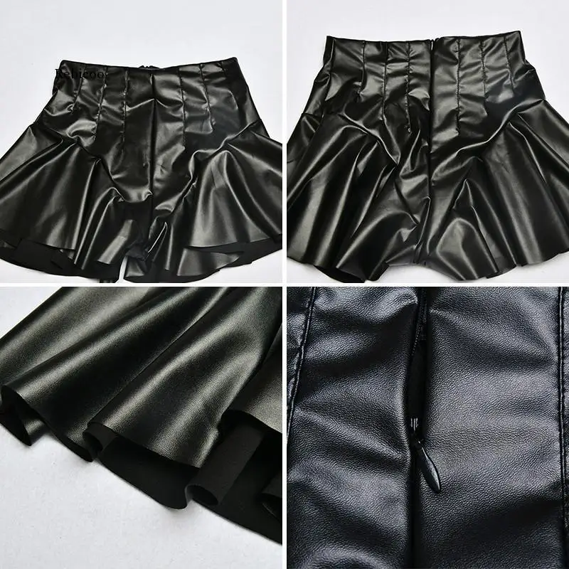 

Autumn and Winter Women's High Waist Pu Leather Shorts Feminine Ruffled Slim Fit Shorts Women Black Solid Elastic Shorts