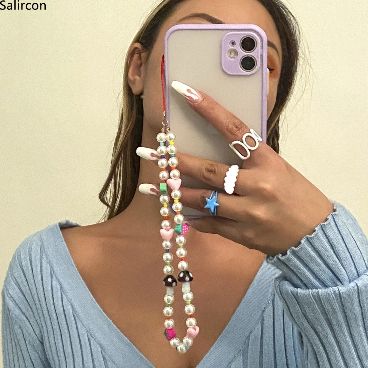 

2022 Trend Simulated Pearls Mobile Phone Strap Lanyard Colorful Beads Fruit Heart Accessories Phone Case Hanging Cord for Women