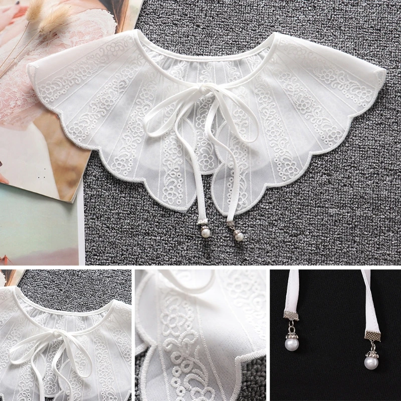 

Embroidery Floral Lace Chiffon Fake Collar Shawl Wrap Summer Sunscreen Lace-Up Bowknot Necklace Decorative Short Poncho for Wom
