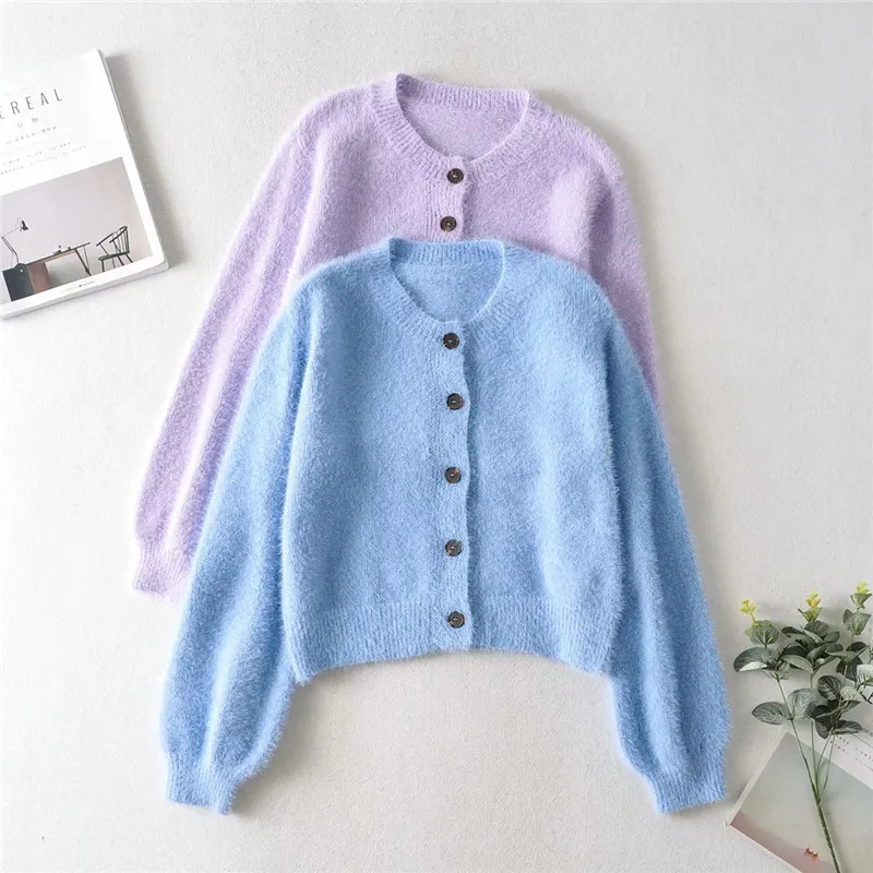 Женский кардиган с имитацией меха норки синий короткий свитер круглым вырезом и