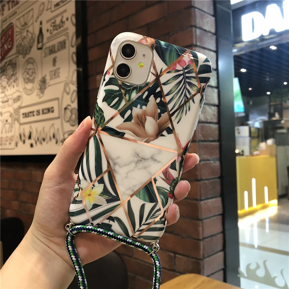 plated geometric flower and leaf cover for iPhone 11 X Xs max XR 7 8 6 6s se2020 case With Crossbody Lanyard Neck Strap Rope |