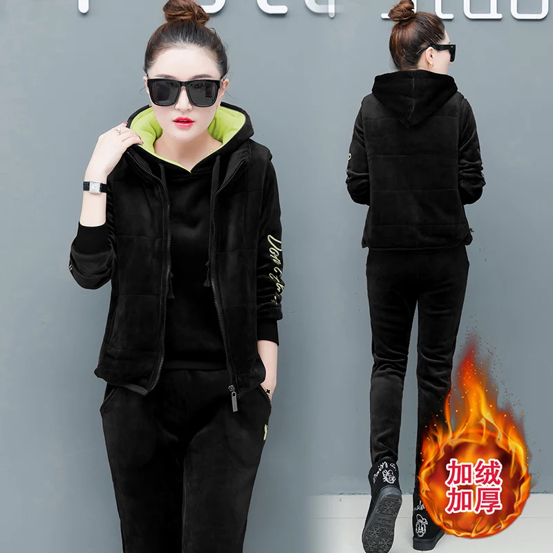 

hoodies vest pants women leisure outfit Double warm wool fleece new three-piece winter pleuche suit women hoody top casual suit