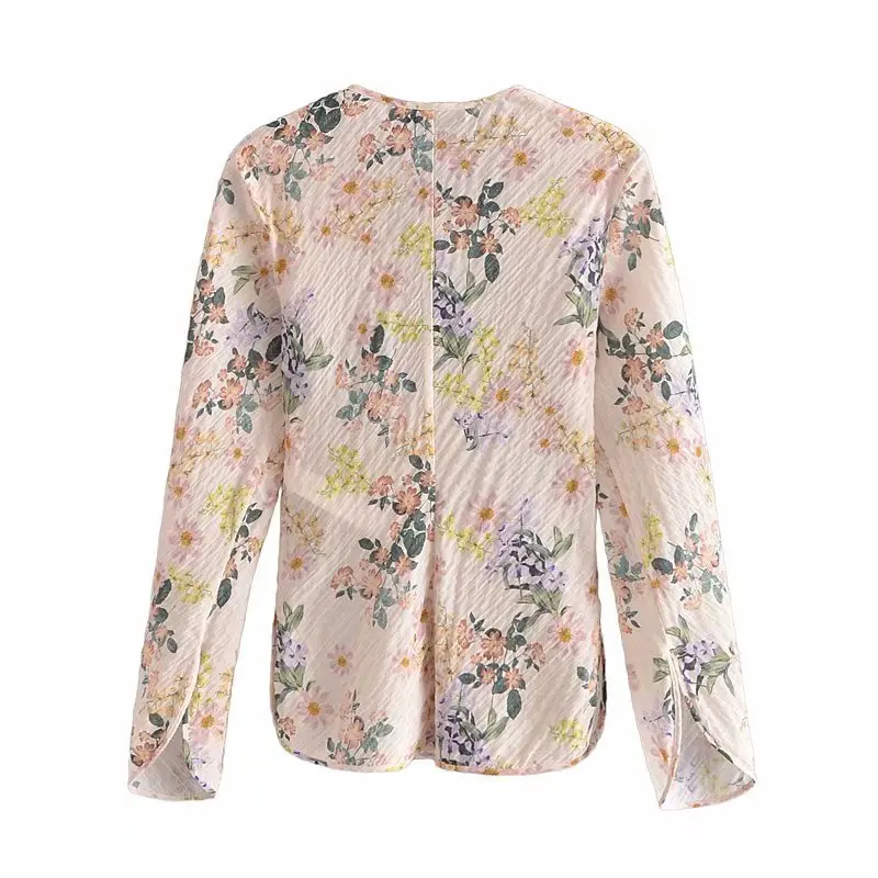 

Summer Print Woman Blouse Shirt Za Fashion V-neck Chest Lacing Bow-knot Long Sleeve Design Casual Broken Flower Hem Split Fork