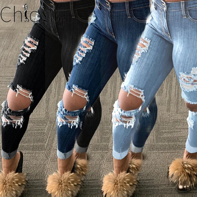 

Fashion Ripped Jeans For Women Scratch Denim Trousers Skinny Pencil Pants Sexy Jeans with Holes Casual Pants
