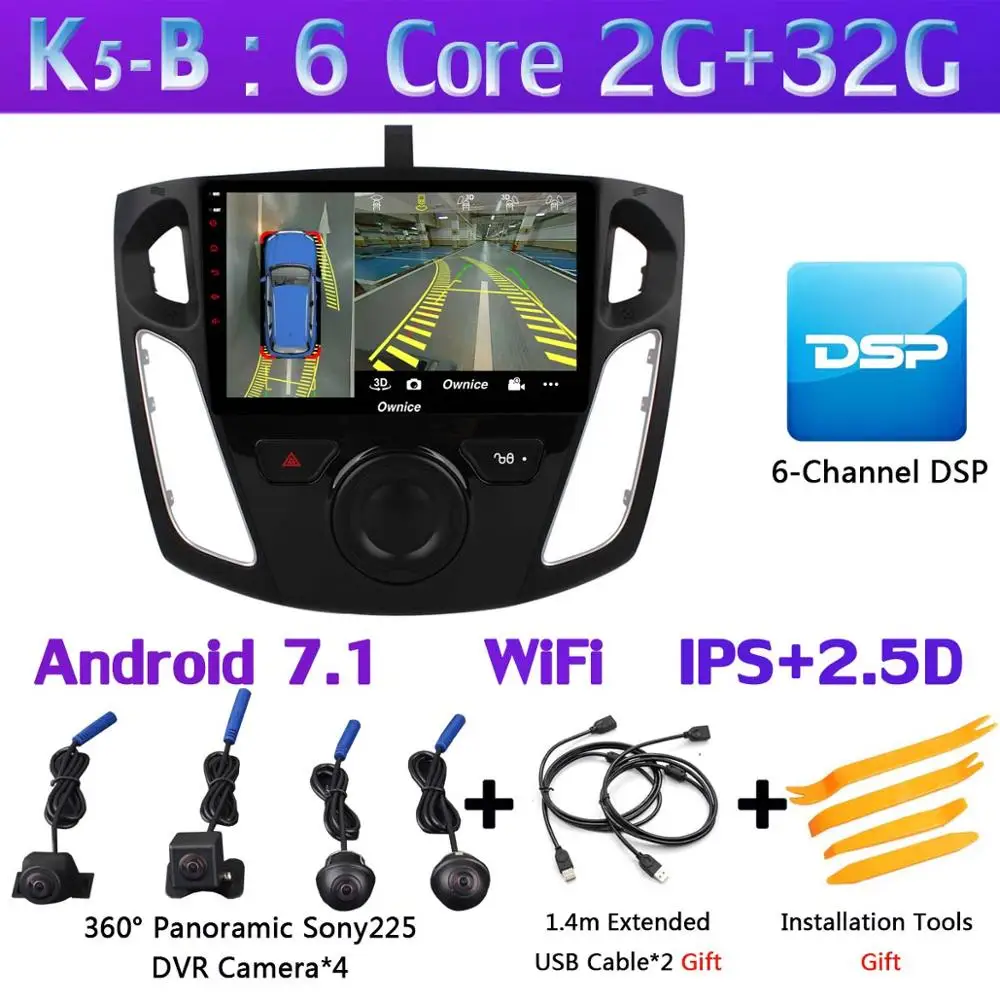 360 ° панорамная камера 4G SIM Android 9,0 4+ 64G gps навигация Радио CarPlay DSP Автомобильный мультимедийный видео плеер для Ford Focus 3 Mk3 - Цвет: K5-B