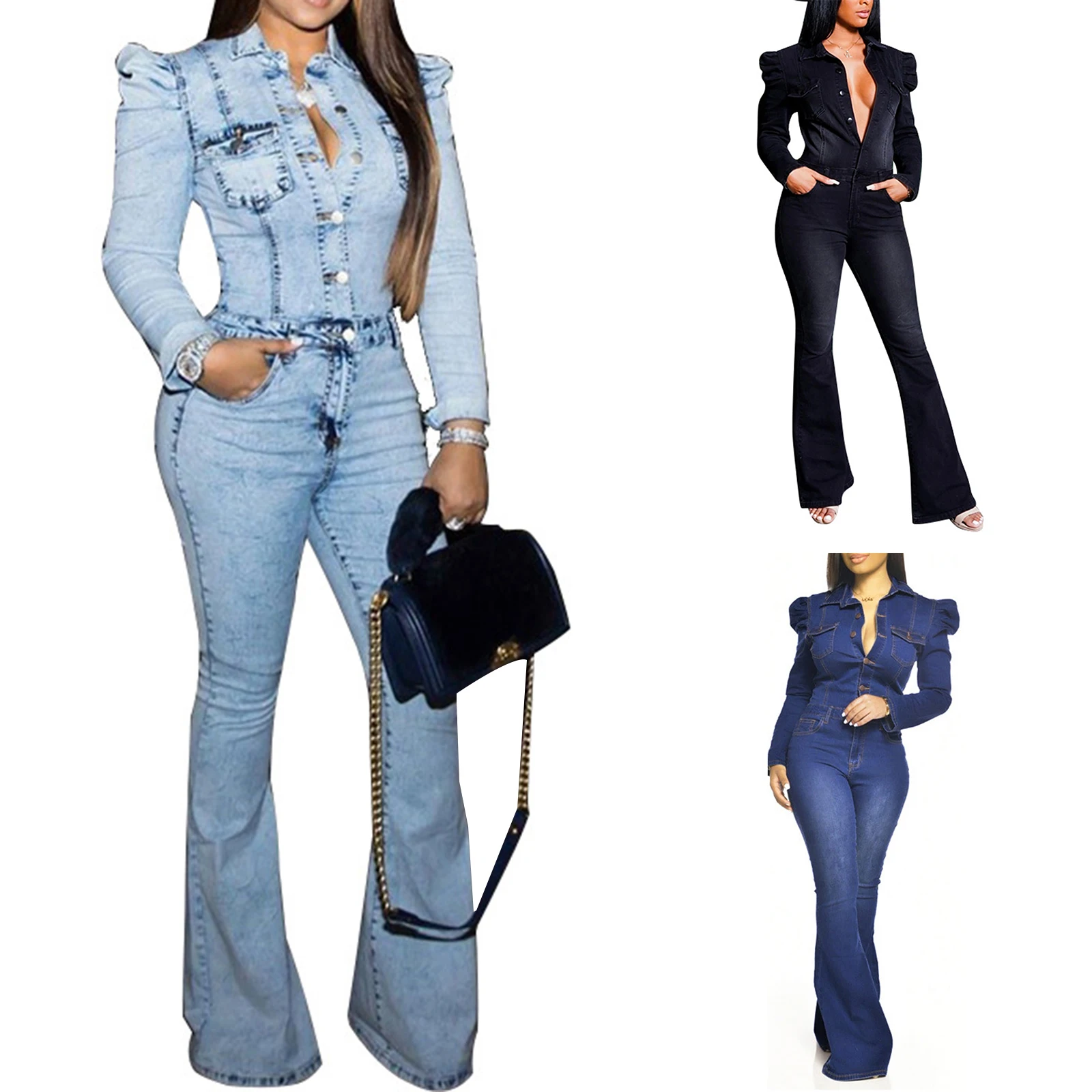 

Hot Sale 2021 Denim Jumpsuit Women’s Casual Long Sleeve Fashion Solid Color Button down Tight Jumpsuit 5XL Jumpsuit Y2K Rompers