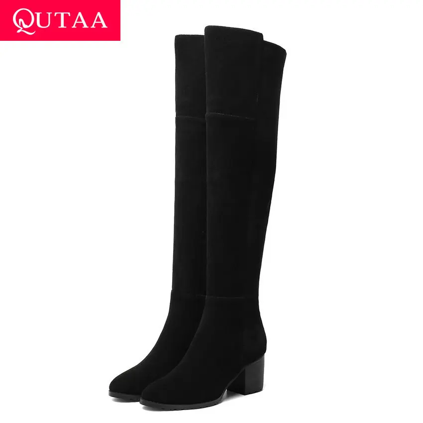 Женские замшевые ботфорты QUTAA черные выразительные Сапоги выше колена на