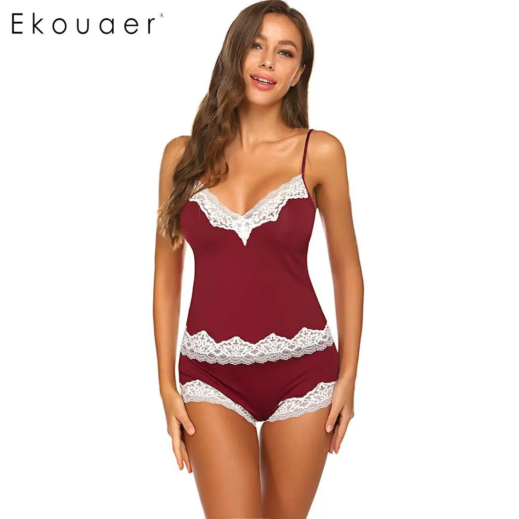 Ekouaer/женский летний пижамный комплект из двух предметов, короткое ночное белье, кружевные лоскутные топы на бретельках, шорты, сексуальное женское белье, Пижамный костюм
