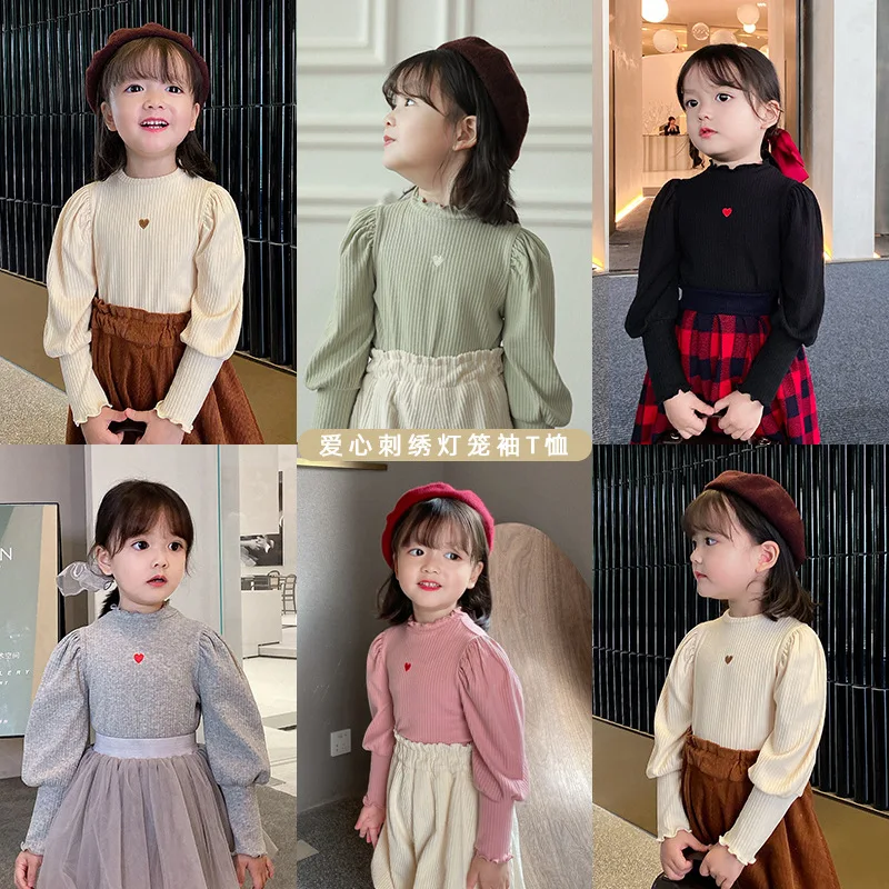 

Girls Fashion Simple Bubble Sleeve Love Bottoming Shirt Spring Autumn New Children's T-Shirt Top