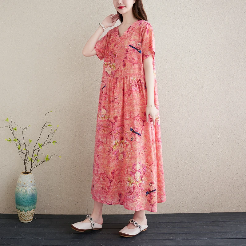 Платье женское хлопково льняное свободного кроя с V образным вырезом|Женские