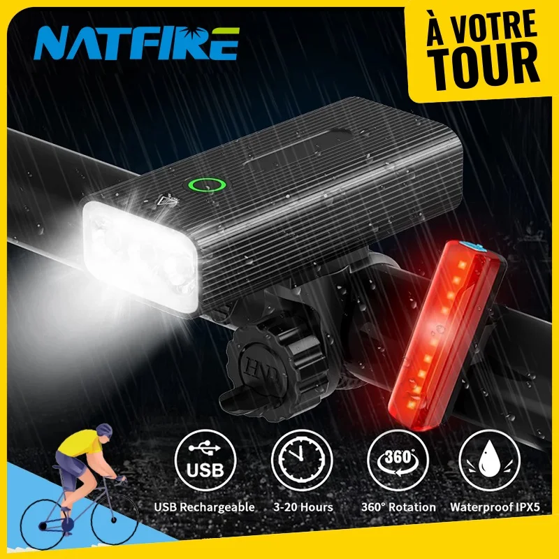 Светодиодный перезаряжаемый через USB водонепроницаемый велосипедный фонарь NATFIRE