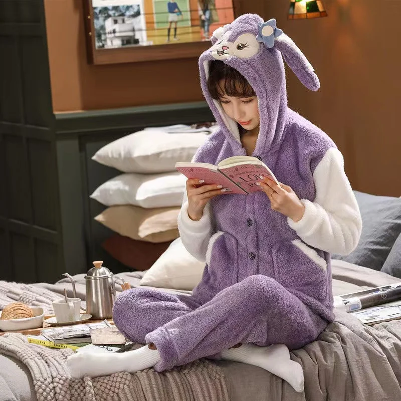 Winter Pajamas Sets For Women Flannel Thick Hooded Nightgown 2 Pieces/Set Coral Velvet Sleepwear Long Sleeve Pyjamas Suits