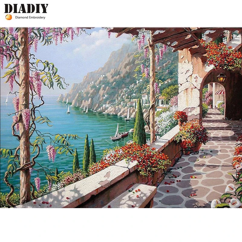 DIADIY, 5D, сделай сам, алмазная живопись,, полная круглая Алмазная мозаика, стразы, наклеенная картина, вилла на Италии, необработанный Алмазный Декор