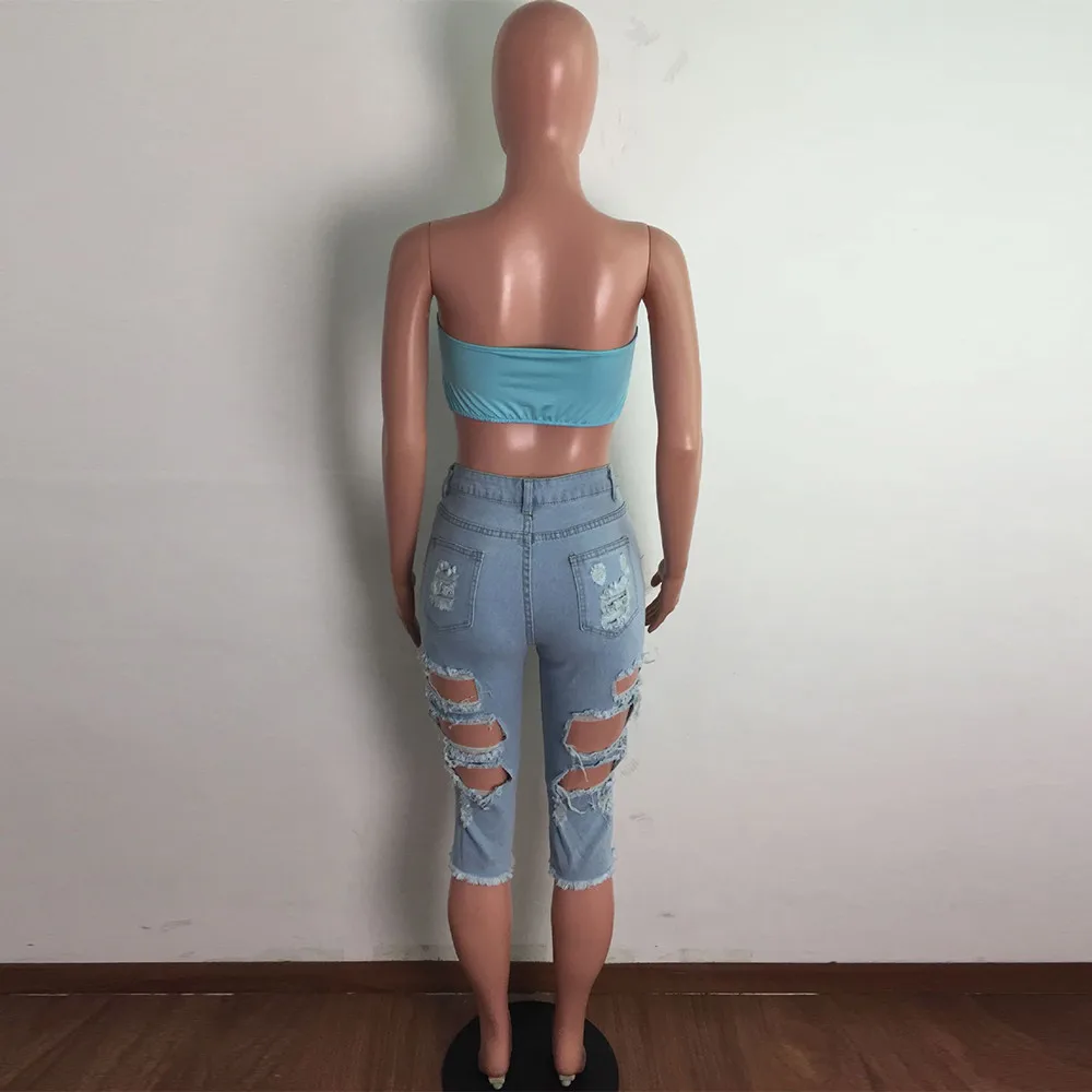 

High Street High Waisted Ripped Jeans for Women Fashion Hollow Out Stretchy Knee Length Pant Casual Zipper Fly Washes Trousers