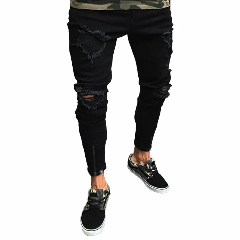 

Mens Ripped Stretch Zipper Denim Sports Casual Work Hole Trousers Outdoors Skinny Jeans Men 2021 Fashion Mens Jeans